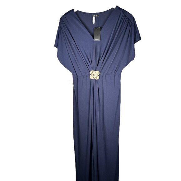KohKoh Ruched Size Large Maxi Dress Embellished Navy Flowy Party Formal - Picture 1 of 8